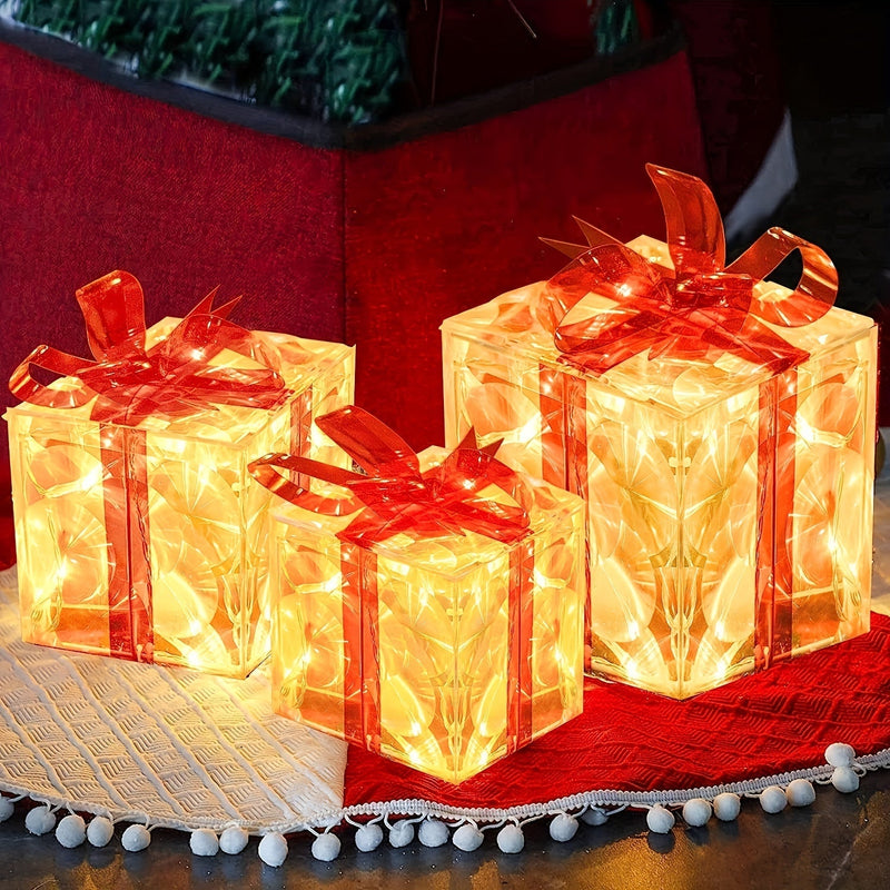 3 Caixas de Presente Natalina Iluminado Decoração | Natal Encantado