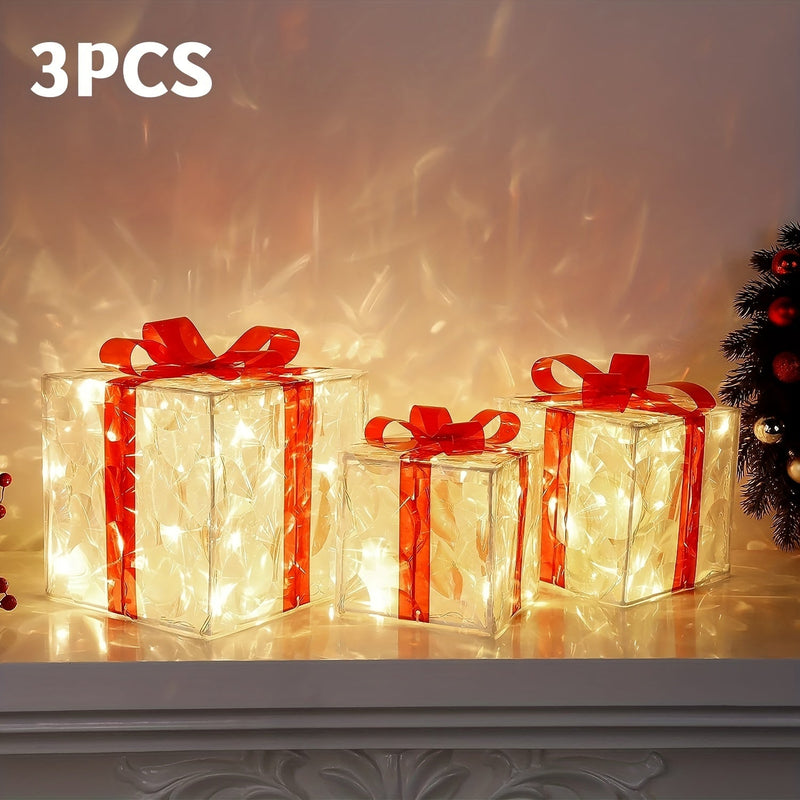 3 Caixas de Presente Natalina Iluminado Decoração | Natal Encantado